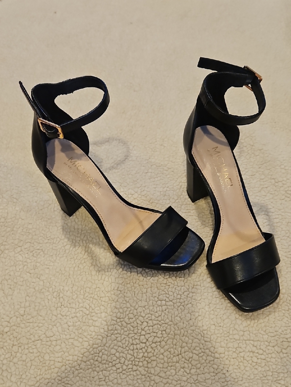Michael Kors Black Ankle-Strap Block Heels with Gold Buckles